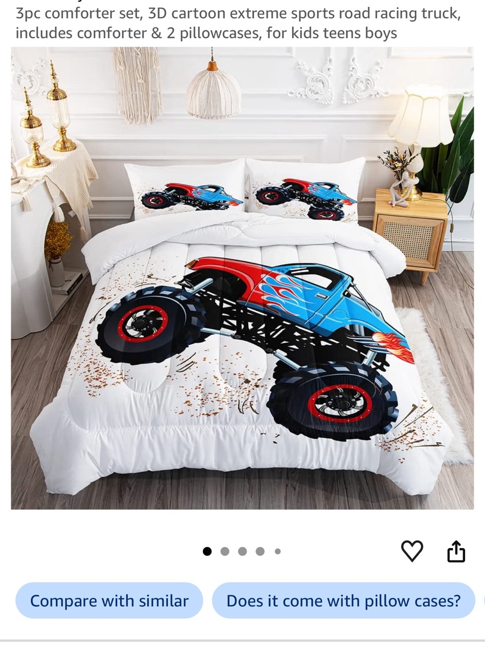 Kids Monster Truck Queen Comforter Set - Blue & Red Racing Truck